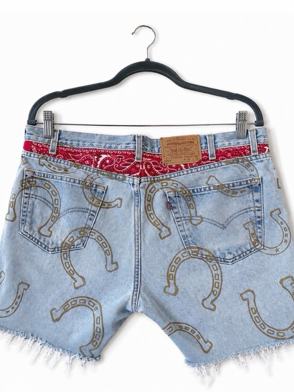 Tricia Fix Levi’s 505 Mid-Rise Light Wash Horseshoe Bandana Cut-Off Denim Shorts